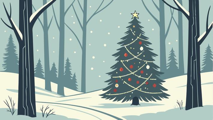 Illuminated and decorated christmas tree in a winter forest on Christmas eve.