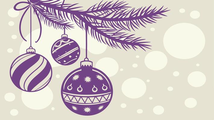 Purple Christmas ornaments. royal xmas or new year background banner. bokeh background