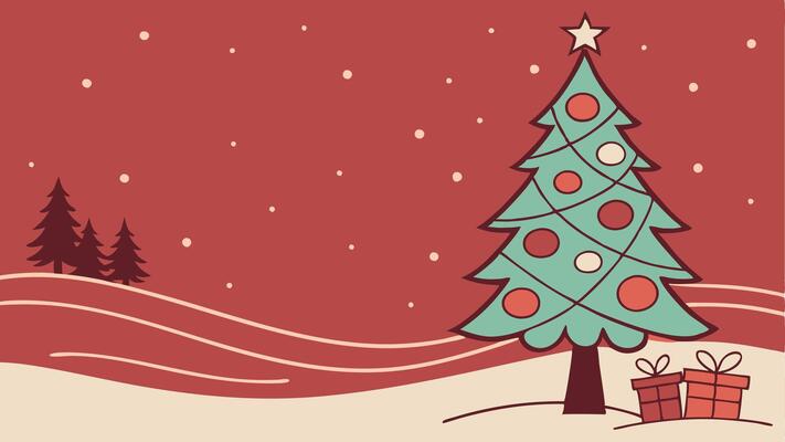 Red christmas background with christmas tree and baubles. copy space