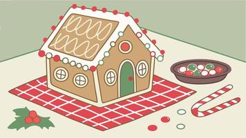 Illustration of a festive gingerbread house on a decorated table created with technology vector