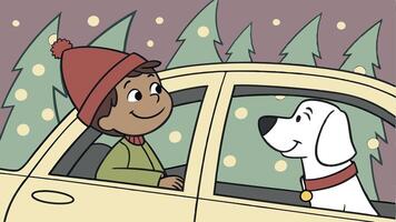 Smiling little boy sitting in the car with his dog and looking at christmas trees vector