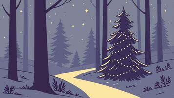 Magical forest with christmas trees and glowing lights vector