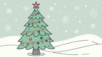 Illuminated Christmas tree with baubles and snowflakes floating on the air vector