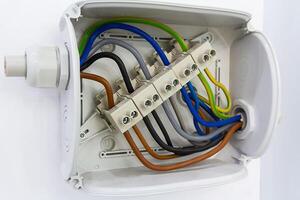 Wires and clam terminals to open the electrical distribution box photo
