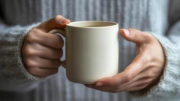 Cozy hands holding a warm mug of coffee in a textured gray sweater during a chilly indoor afternoon photo