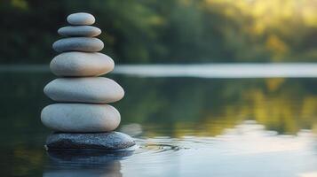 A serene stack of smooth stones balanced on a rock in tranquil water during early morning light photo