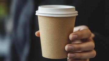 A person holding a disposable coffee cup in a casual setting during the afternoon, showcasing a moment of relaxation and enjoyment photo