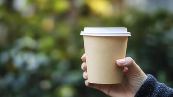 A person enjoying a takeaway coffee cup while walking through a lush outdoor setting in autumn photo