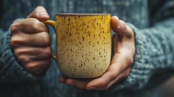 A person holding a speckled ceramic mug filled with a warm beverage while wearing a cozy sweater in a softly lit environment photo