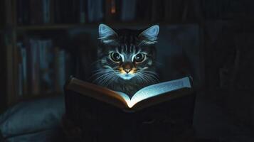 A curious cat gazes at a glowing open book in a dimly lit room filled with shelves of books photo
