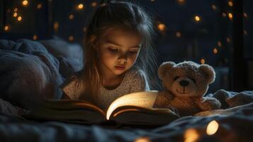Young girl reading a book by candlelight with a teddy bear at night, creating a magical bedtime atmosphere photo