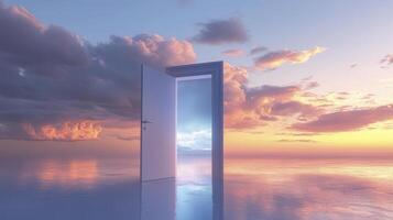 An open door leading to a vibrant sky and serene horizon at sunset, symbolizing new beginnings and possibilities photo