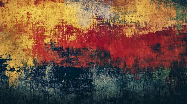 Vibrant abstract art display featuring bold reds, oranges, and blues with textured brush strokes and dynamic color blending photo