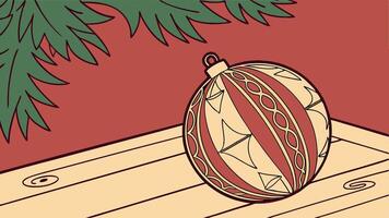 Red and gold christmas ball on wooden table and red background. Copy space. Christmas background vector