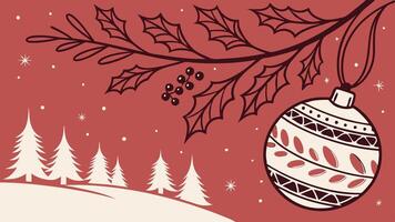 Red christmas background with red christmas ball and fir leaves. Copy space vector