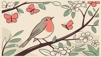 Robin bird. butterflies. branches and leaves in vintage watercolor style. Generrative Ai vector