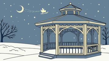 Snow-covered gazebo adorned with twinkling lights and a glimpse of Santa's sleigh. vector