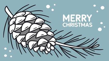Pine cone covered with snow on a blue background. christmas greeting card. vector