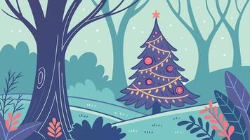 Magic forest colorful christmas tree with glowing lights illustration vector