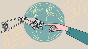 Robot hand and human touching on global virtual network connection. vector