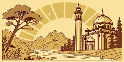 Fabulous Magic solemn golden background with elements of landscape and architecture ai rendering. vector