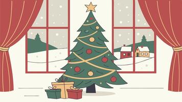 Cristmas backdrop with xmas tree. gifts and red windows vector