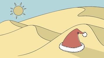 Close up of Santa's hat on a sand dune in the middle of the desert. Sunny day and blue sky. vector