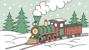 Christmas train on a snowy day with fir trees in the background created with tools vector