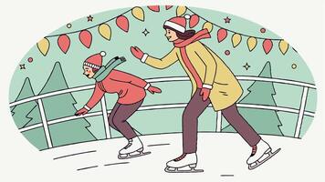 Close up of skating on ice in an ice ring during a christmas carnival. having fun on ice vector