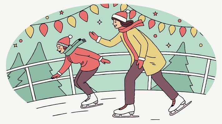 Close up of skating on ice in an ice ring during a christmas carnival. having fun on ice