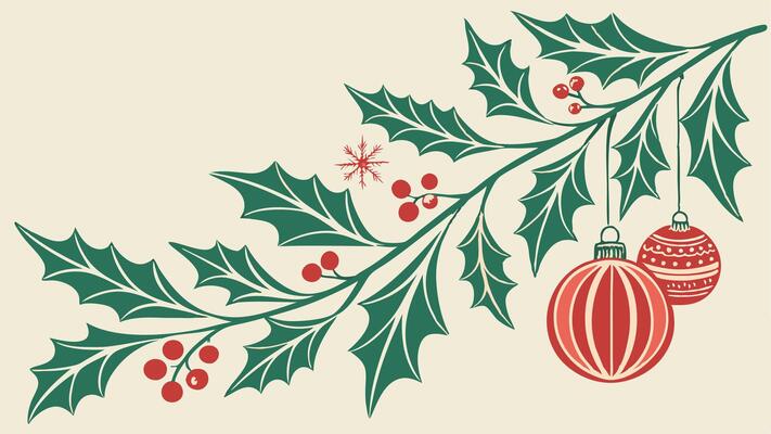 Classic Red and Green Watercolor Christmas Card with Holly and Ornaments Border on Shaped Canvas