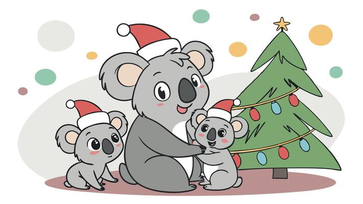 Cute koala family posing on christmas and new year blurred background theme