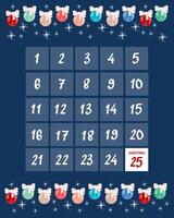 Vertical blue advent calendar with Christmas tree balls with bows and stars vector
