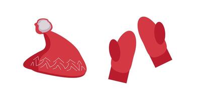 Red warm mittens and hat cap with pompom vector