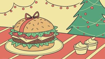 Huge festive burger sandwich on the festive table with christmas tree and lights in the background. vector