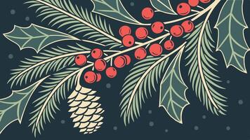 Festive decoration with evergreen branches and red berries on a dark backdrop vector
