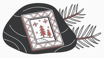 Festive Christmas frame placed on a black stone with a pine branch vector