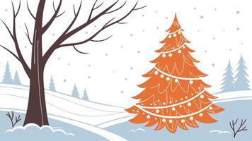 Orange christmas tree in the snowy winter forest with copy space vector
