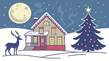 Paper cut christmas with house tree reindeer and and moon on white snow winter background vector