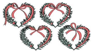 Collection of four christmas wreaths in shape of a heart isolated on a white background. vector