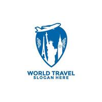 Travel logo design template, World Tour travel logo with tourism icons from various countries in maps location symbol vector