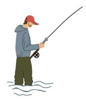 Simple color illustration. A fisherman with a fishing rod stands in the water. A man with a red beard, a cap, a blue jacket. Summer hobby and sports. vector
