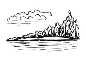 Hand-drawn ink drawing. Wildlife, sky with clouds, deciduous trees, bushes, calm river, lake shore. Landscape, nature, ecology, travel. For prints of cards, labels. vector