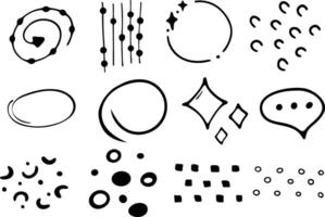 A Collection of Abstract Black-and-White Graphic Elements, Including Dots, Lines, Circles, Arcs, Stars, Swirls, and Other Minimalist Shapes vector