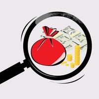 Indian Rupee and money bag set with magnifying glass vector
