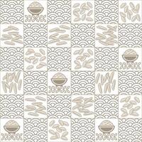 Seamless geometric checkered pattern with icons of traditional white rice, outline fan shaped ornament. Square ornament grid. For branding, food packaging, prints vector