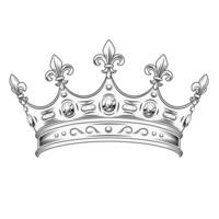 Medieval crown with gemstones, fleur de lis sign on points. Black and white design element is easy to combine with head, any face. Front view. Vintage style. vector