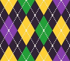 Geometric Mardi Gras pattern with Harlequin ornament. Diagonal rhombus argyle grid with dotted lines. Flat simple style. vector