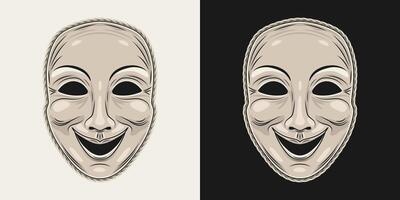 Theatrical comedy head mask. Laughing smiling face. Detailed illustration in vintage style. Front view. vector