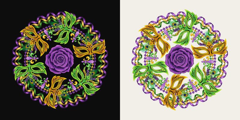 Circular carnival Mardi Gras composition with rose, party streamers, string of beads, masquerade masks, Fleur de lis symbol. For prints, clothing, t shirt, plate, surface design. Vintage style Not AI